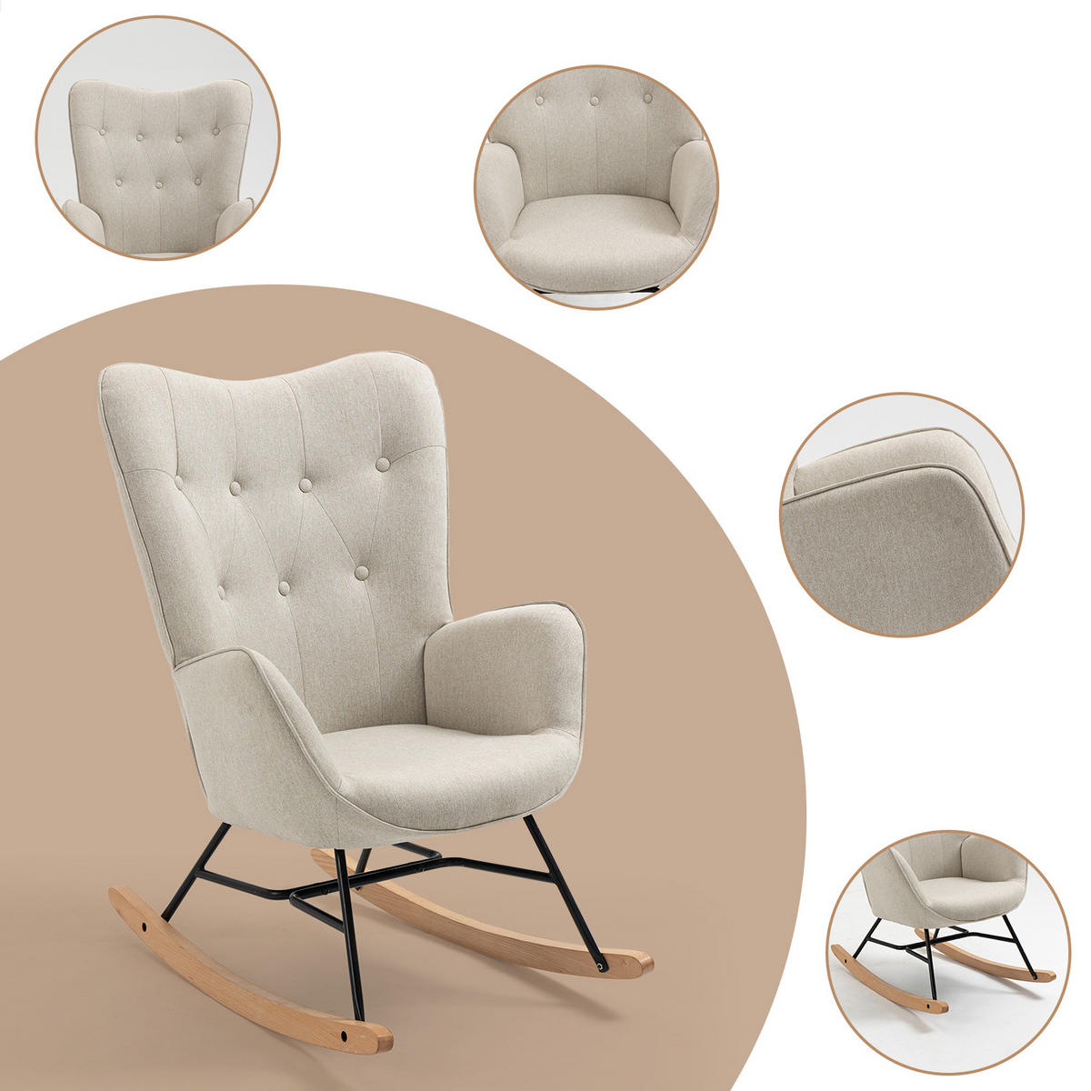 SCHAUKELSTUHL 2er-Set Beige mit Holzbeinen - Beige, Holz/Textil (66/97/84cm) - Meubles Cosy