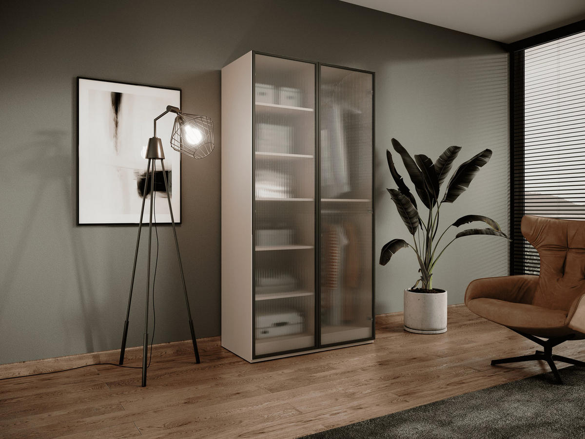 KLEIDERSCHRANK ZEN (Modular, Beige Matt, Geriffeltes Glas Flutes, 2-türig) - Beige/Schwarz, Holz/Holzwerkstoff (101/200/51cm) - Ravio