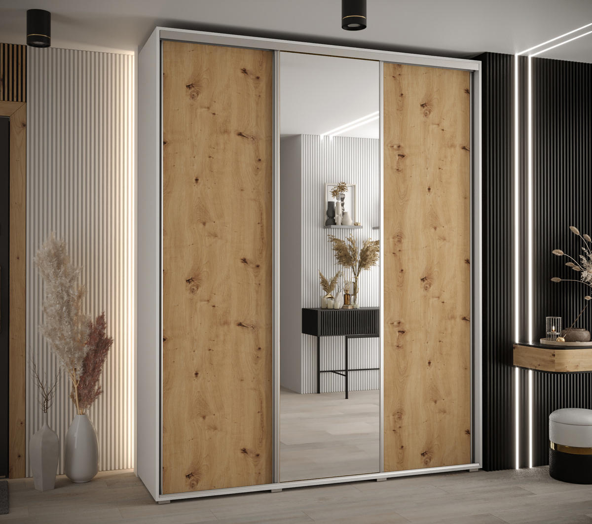 SCHWEBETÜRENSCHRANK 235,2/200/45 3-türig - Silberfarben/Eiche Artisan, Holz/Metall (200/235/45cm) - Abiks Möbel