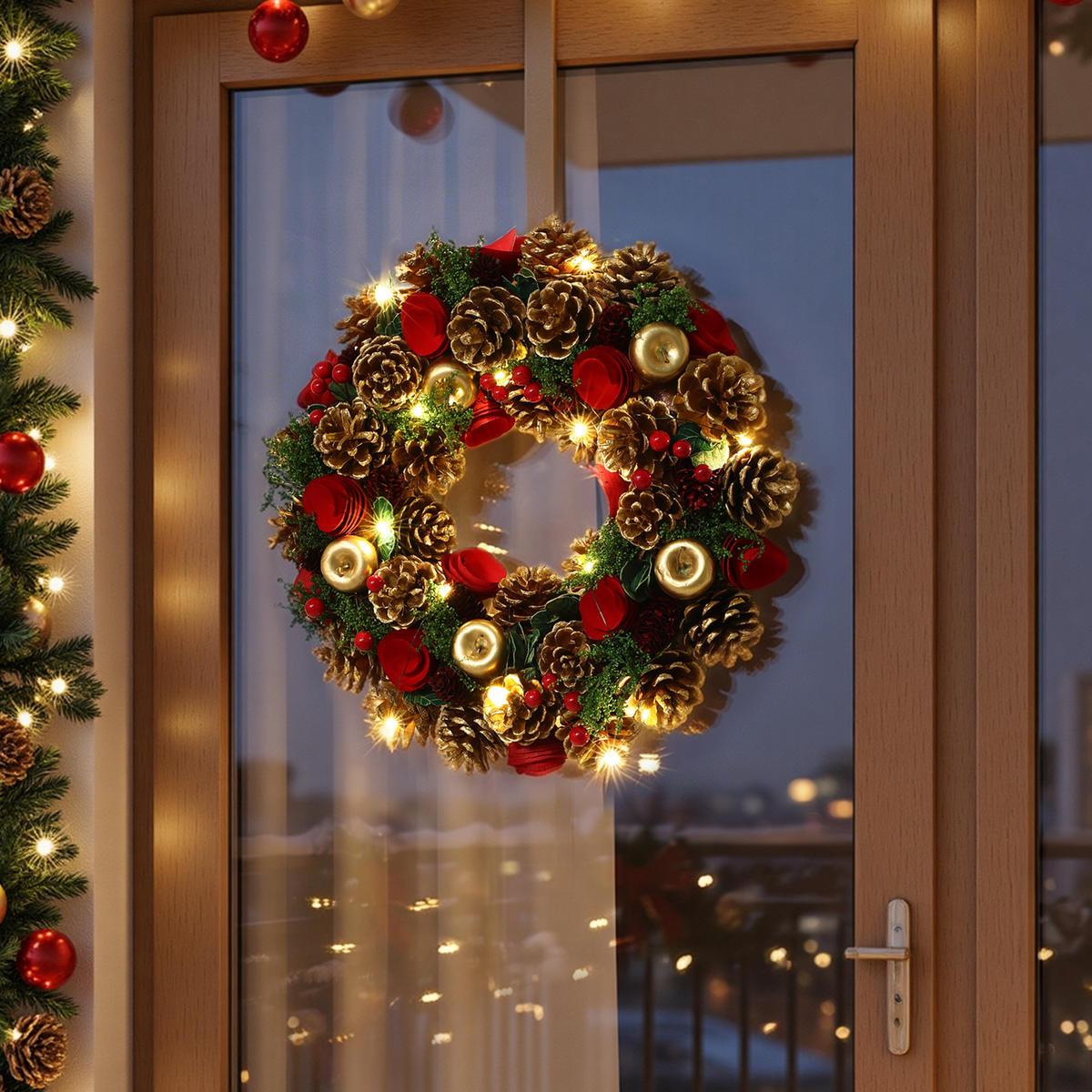 WEIHNACHTSKRANZ mit 15 LEDs, Timer, Zapfen & Blüten - Dunkelgrün, Naturmaterialien (34cm) - Hometopia