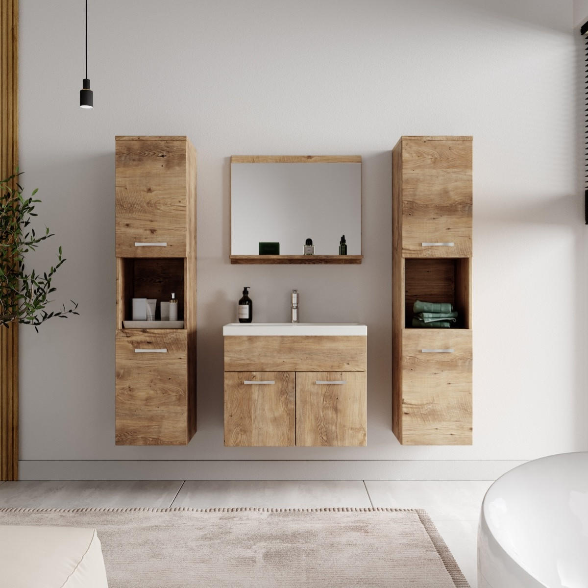 BADMÖBEL-SET Montreal 5 Teile Kastanien Eiche - 60 x 35 x 51 cm - Chromfarben/Nussbaumfarben, Holz/Metall (60/51/35cm) - Badplaats