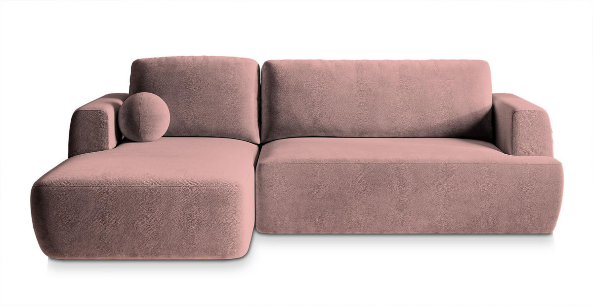ECKSOFA SENTI K L-S Rosa Plüsch-Stoff mit Schlaffunktion - Rosa, Holz (246/148cm) - MASSENO
