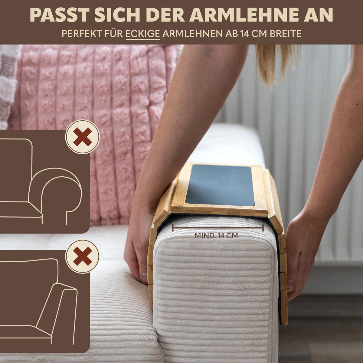 ARMLEHNEN-SOFATABLETT mit rutschfester Silikonablage, Bambus - Naturfarben, Naturmaterialien (47/1/34cm) - eluno