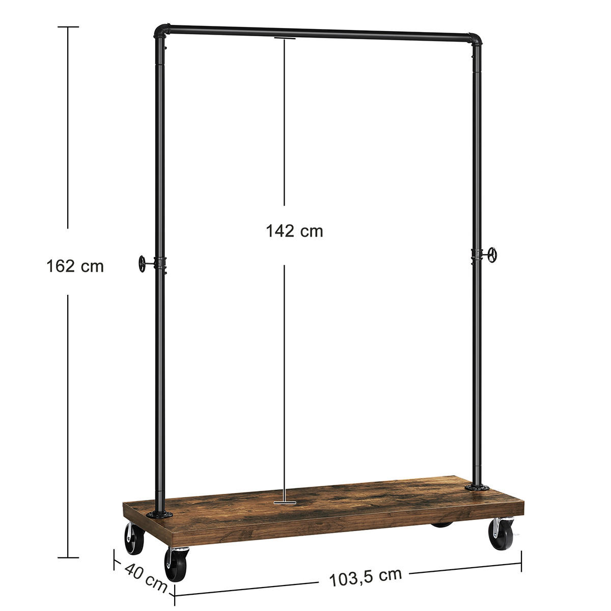 KLEIDERSTÄNDER auf Rädern mit Rohren aus schwarzem Metall - H162 cm - Schwarz, Holzwerkstoff (40/162/103.5cm) - Calicosy