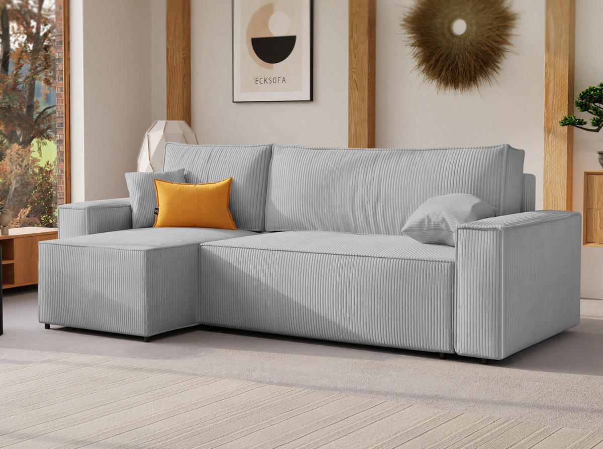 ECKSOFA Paris mit Schlaffunktion Cord - Hellgrau/Grau, Textil (244/155cm) - Idohome