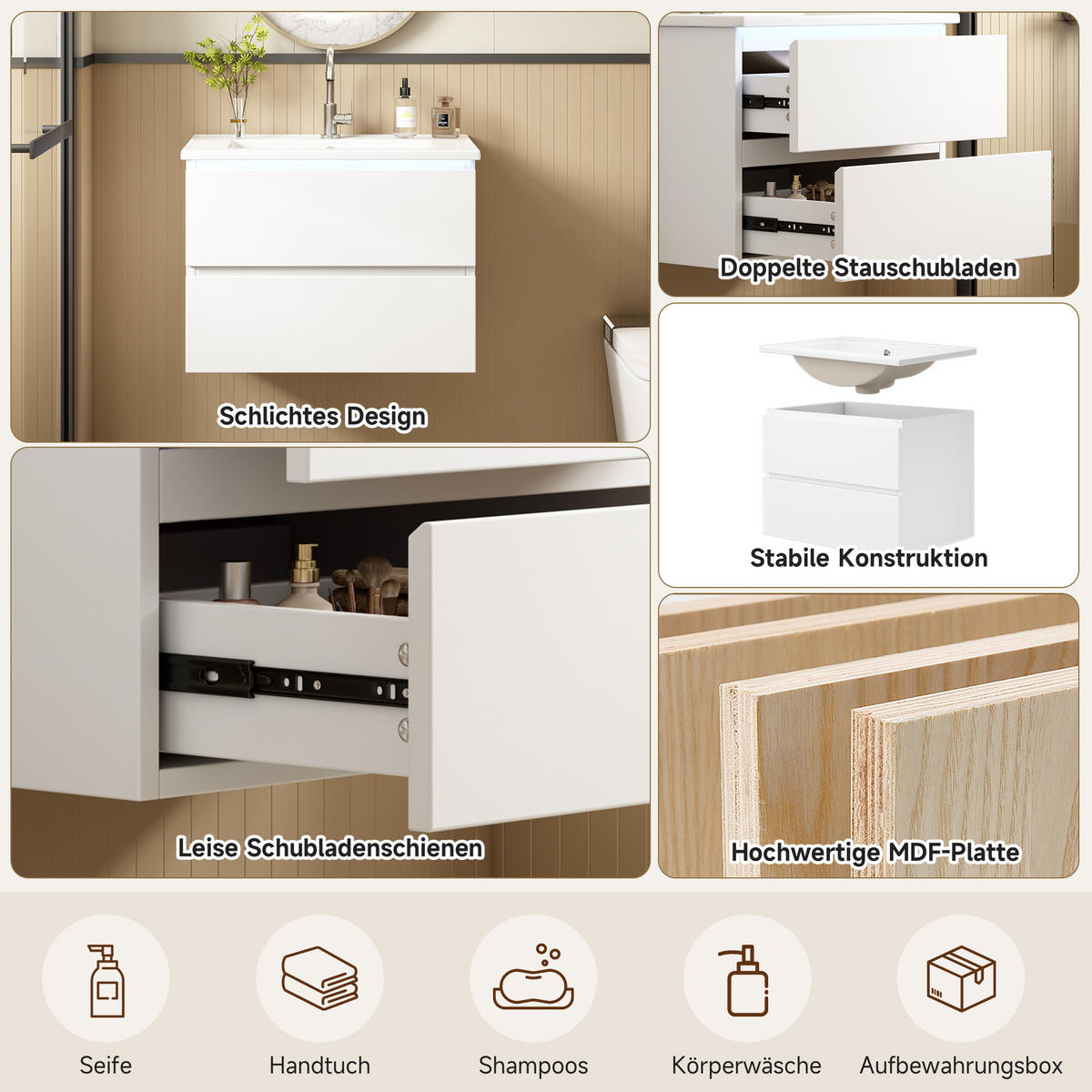 WASCHTISCH 61×46×45 cm, weiß, wandhängend, lackiert, mit LED-Radarsensor, 2 Schubladen, leisen Schienen und integriertem Waschbecken - Weiß, Holzwerkstoff (46/45/61cm) - Ej. Life