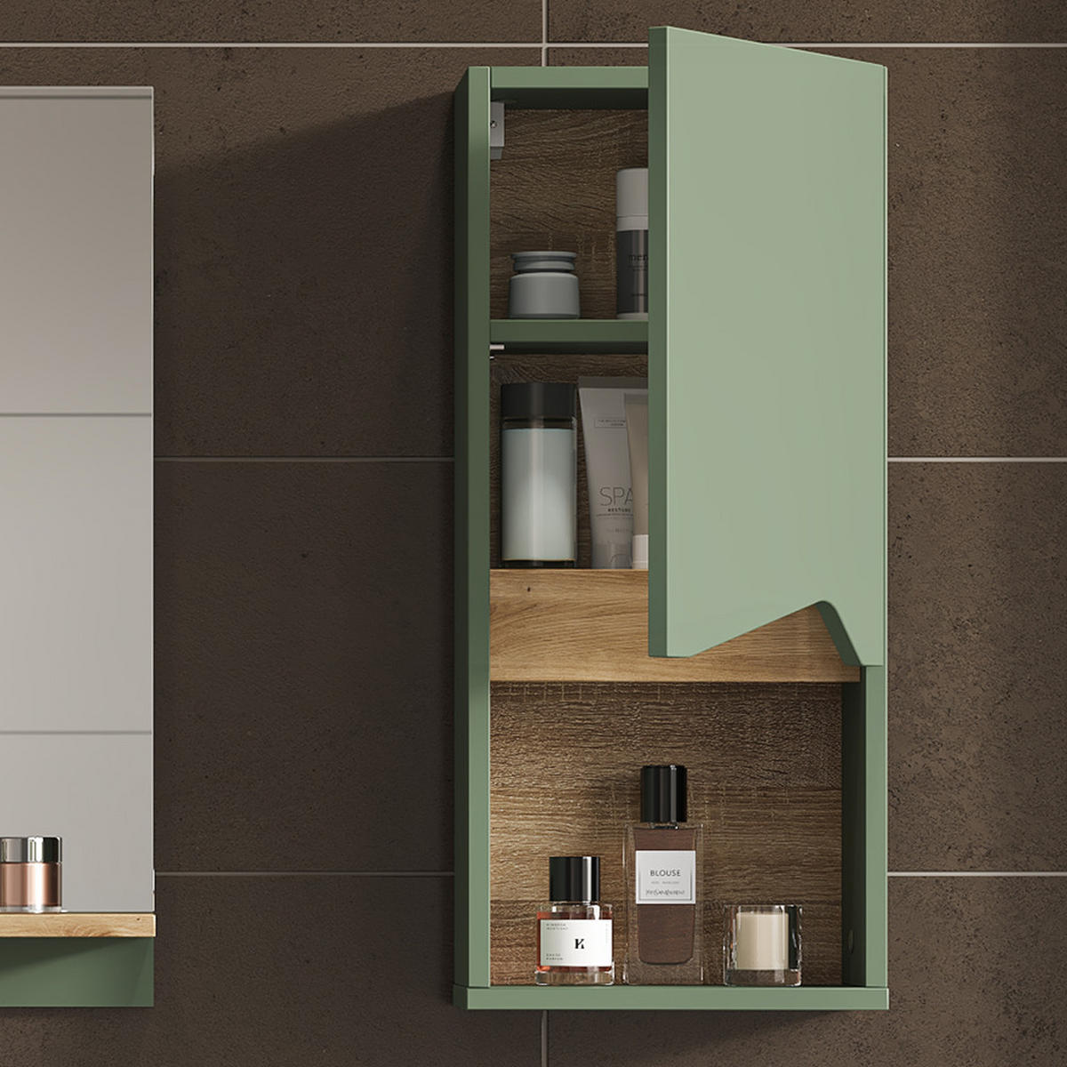 BADSCHRANK Marelle Grün/Artisan 30 x 67 cm mit Tür und offenem Fach - Grün, Holzwerkstoff (30/67/17cm) - Vicco