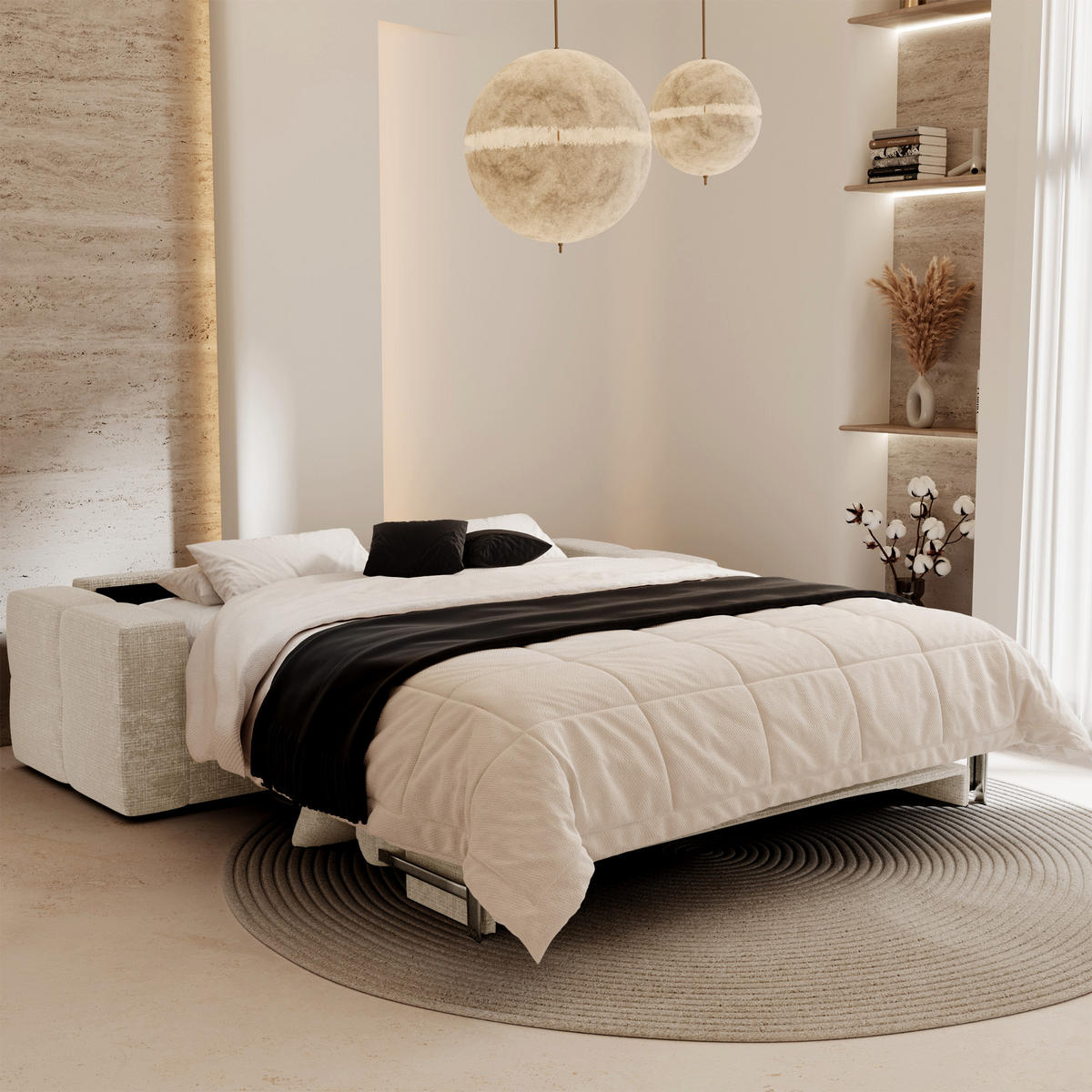 SCHLAFSOFA Express VIBE Geprägter Samt Creme 206cm - Creme, Textil (206/80/100cm) - Premium Interiors