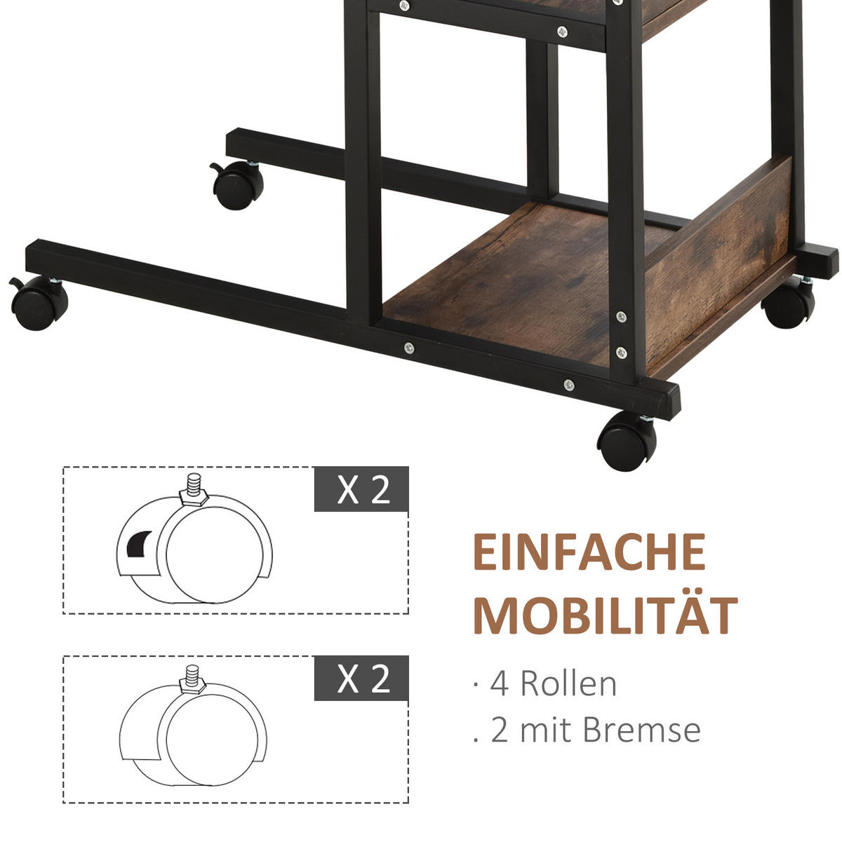 BEISTELLTISCH 80/72-82/40 cm Braun aus Metall und Holzwerkstoff mit Rollen - Braun, Metall (80/40/82cm) - OKMYHOME