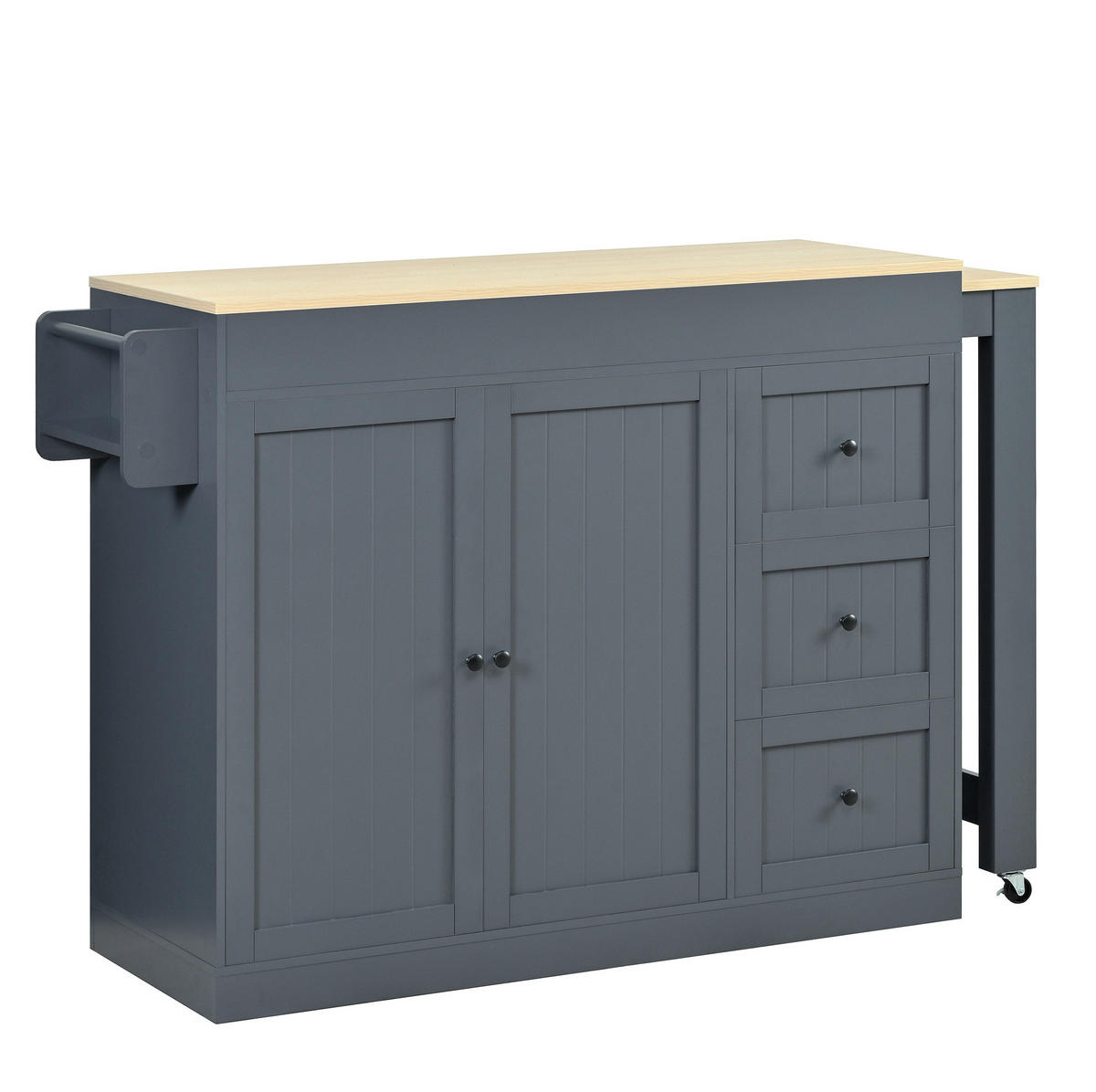 KÜCHENINSEL aus MDF 130x45x93 cm Grau mit ausziehbarer Arbeitsplatte, Rollen, 3 Schubladen und Gewürzregal - Grau, Holzwerkstoff (130/93/45cm) - Modfu