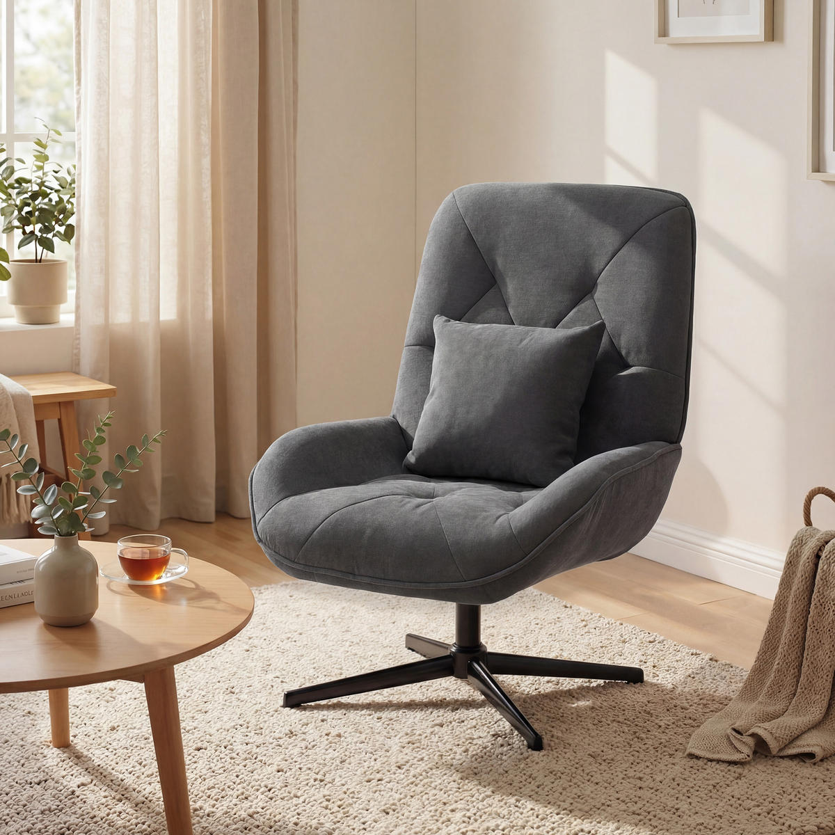 SESSEL DE-06912 drehbar mit Chenille und hoher Rückenlehne Dunkelgrau - Dunkelgrau, Metall (72/96/92cm) - ComfortXL