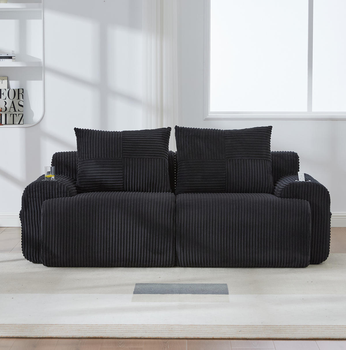 2-SITZER Sofa aus Cord 200x99x80 cm in Schwarz mit Cupholder & Seitentasche - Schwarz, Textil (99/80/200cm) - Modfu