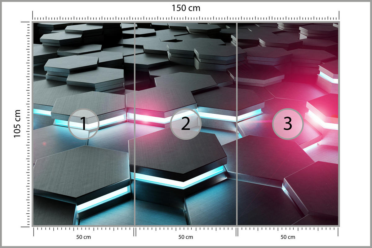 FOTOTAPETE für Büro Schwarz Hexagone Neon Rosa Blau Formen Geometrie 150x105 - Blau/Schwarz, Papier (150/105cm) - Muralo
