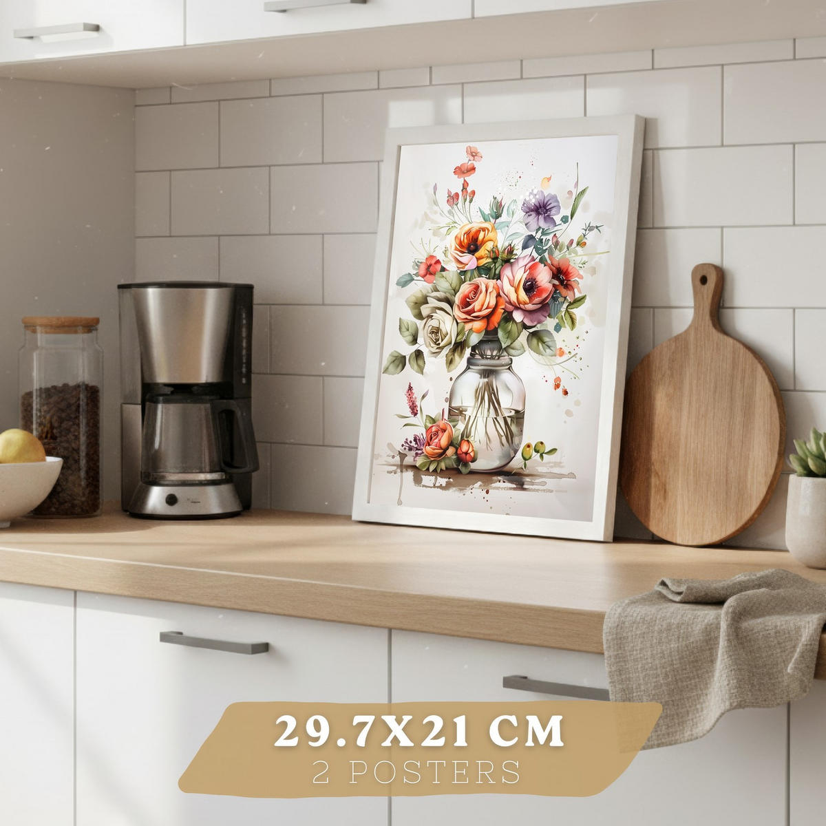 PLAKAT Sada 4 Květiny A4 Bílý rám - bílá, papír (29.7/1/21cm) - Nacnic