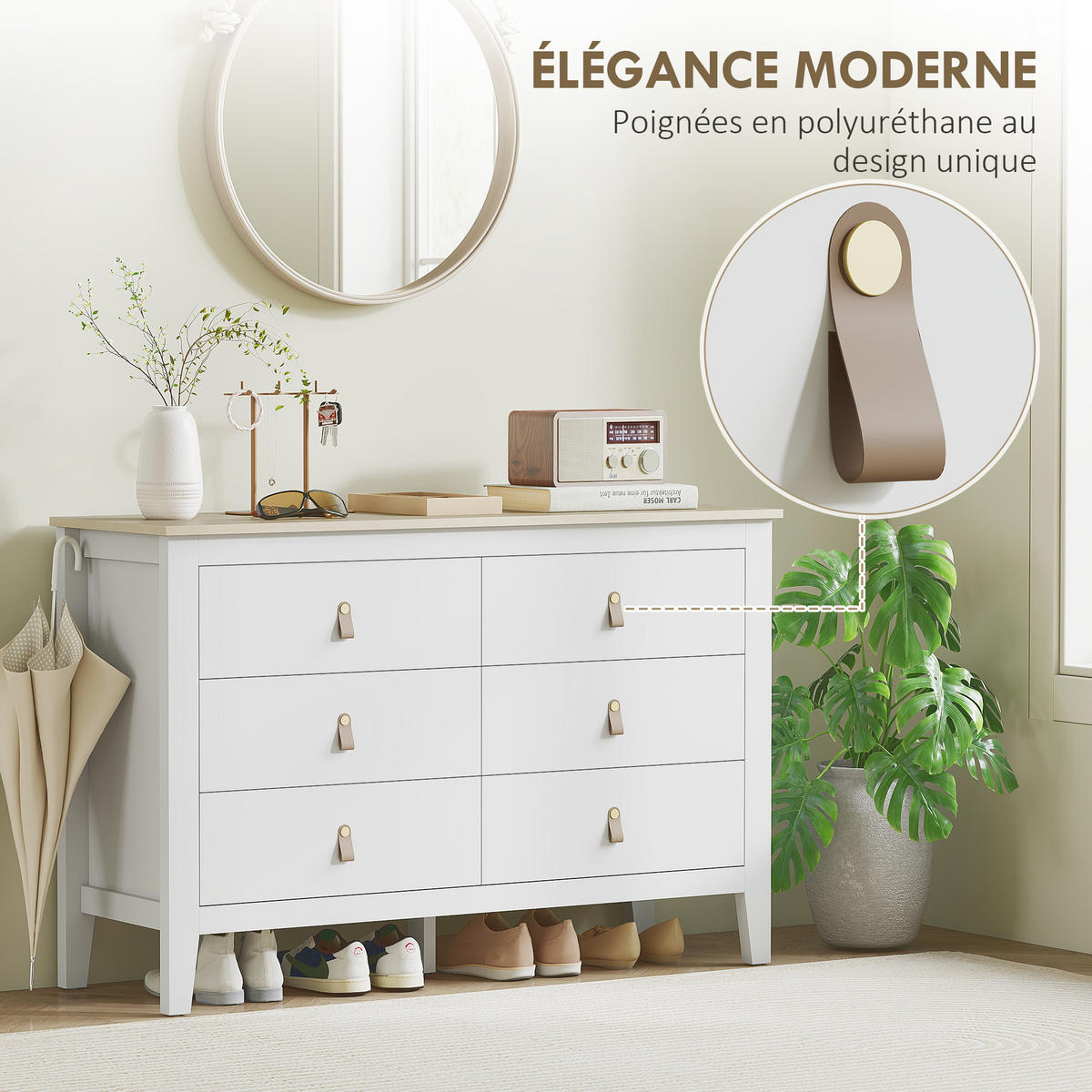 KOMOODE DE-12887 6 Schubladen, weiße Polyurethan-Griffe Weiß - Weiß, Holzwerkstoff (120/78/40cm) - ComfortXL