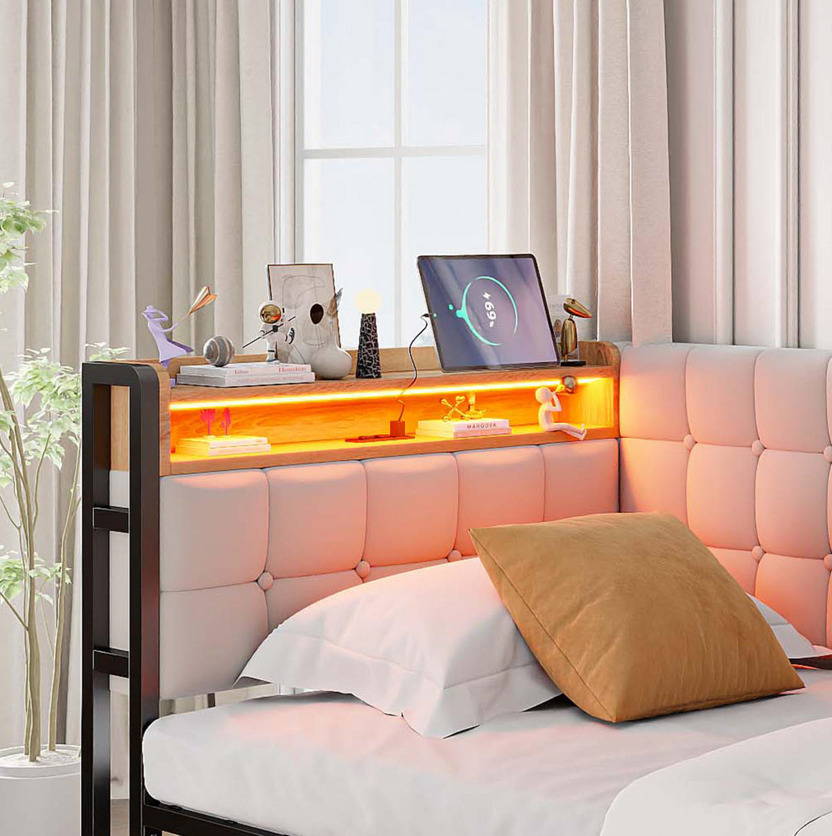POLSTERBETT 90/200 cm Beige aus Samt mit 2 Schubladen und LED-Beleuchtung - Beige, Textil (90/200cm) - OKMYHOME
