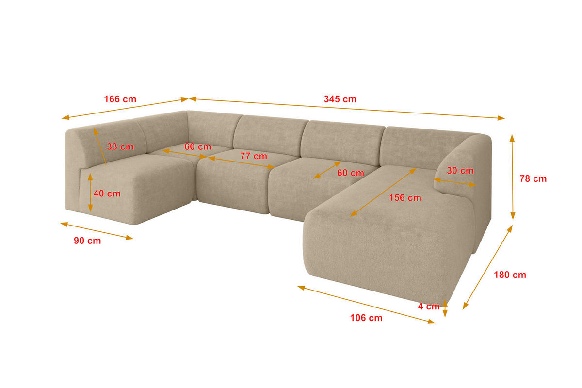 WOHNLANDSCHAFT Ottomane Rechts MOVO-L 345x180x78 cm Creme Tissu - Klar, Holzwerkstoff/Kunststoff (180/78/345cm) - ALTDECOR