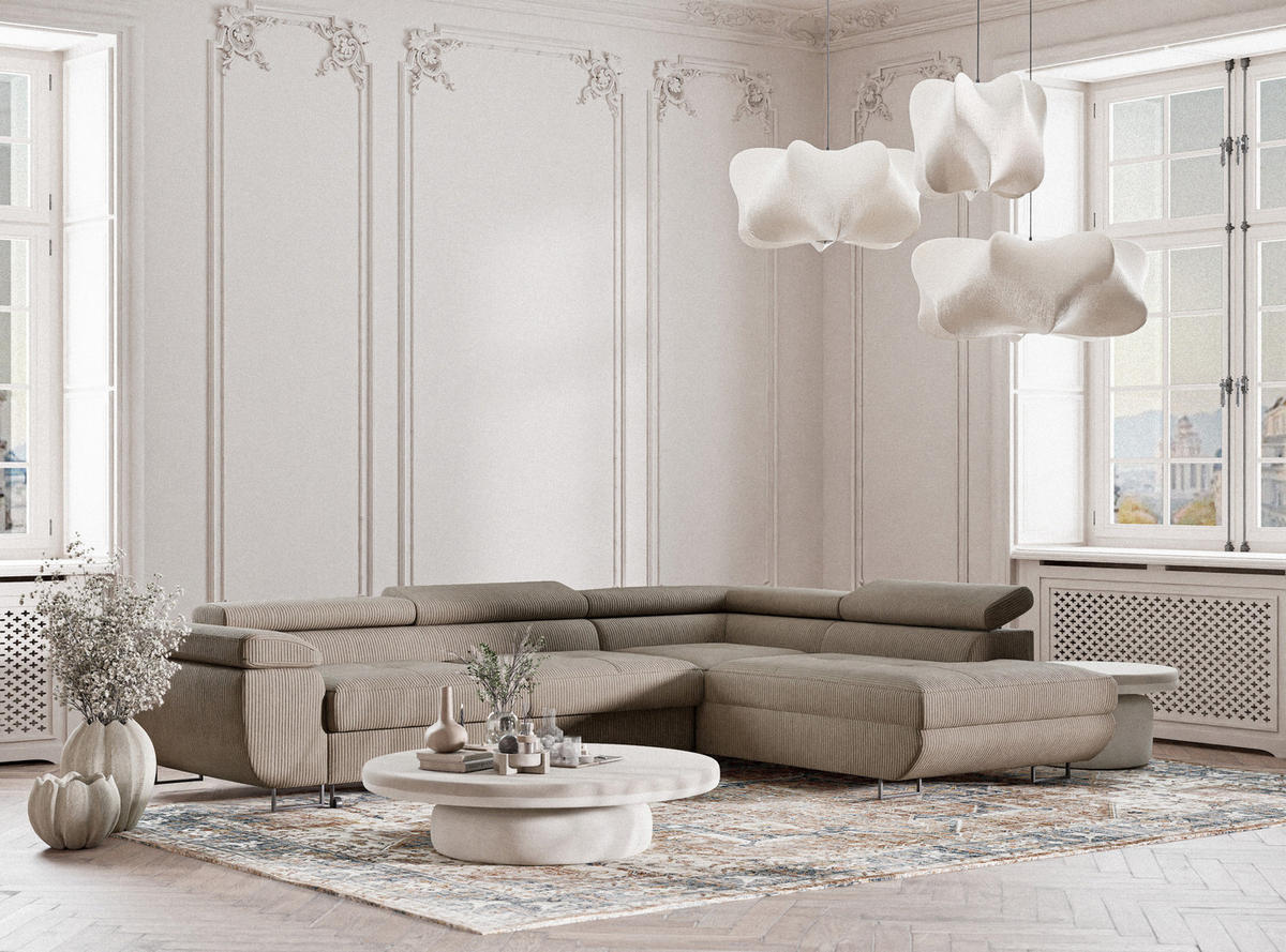 ECKSOFA MIT SCHLAFFUNKTION Concord Dunkelbeige Samtstoff - Beige/Schwarz, Holz/Holzwerkstoff (277/203cm) - Maison de Reve