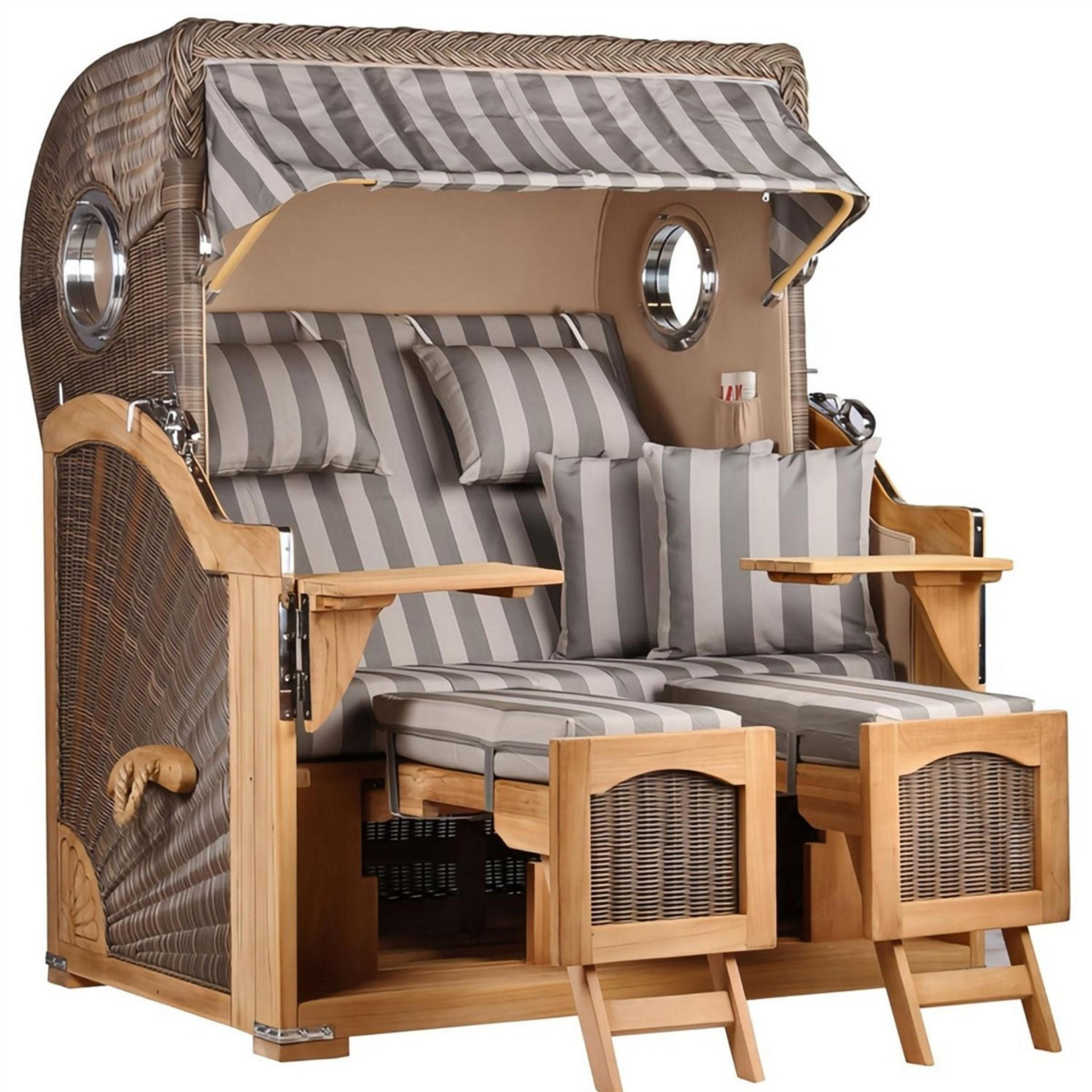 STRANDKORB Düne Grande Bullauge Teak PE Grey Dessin 537 - Braun/Grau, Metall (142/170/95cm) - Mr. Deko