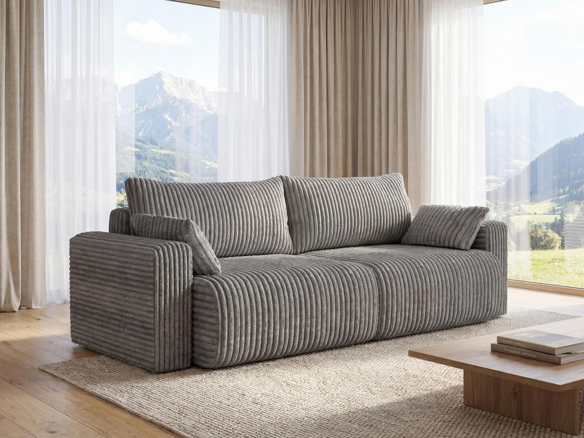 SOFA Kola mit Bettkasten und Schlaffunktion, Cordstoff - Hellgrau, Holzwerkstoff (244/85/95cm) - 4ALL HOME