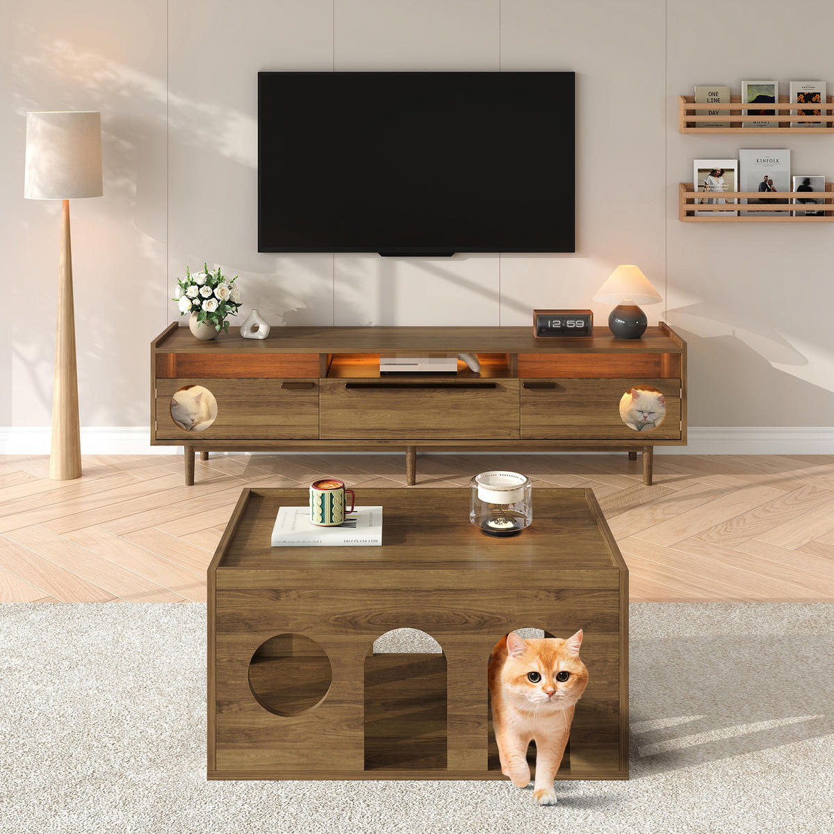 LOWBOARD in Nussbaumfarben Fernsehschrank mit LED und Katzenruheraum für Wohnzimmer, B180/T40/H50cm - Walnussfarben, Glas/Holzwerkstoff (180/50/40cm) - STILVORA