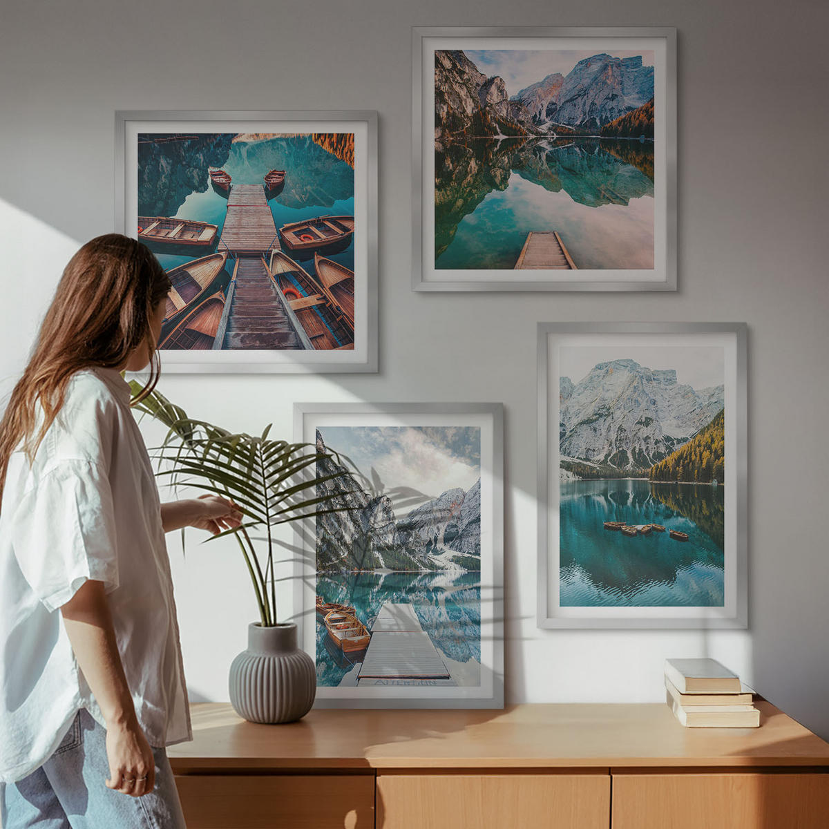 WANDBILDER 4er Set - 50x50 cm & 40x60 cm Silberner Rahmen - See, Brücken, Berge - Silberfarben, Kunststoff (50/50cm) - ArtPrintCave