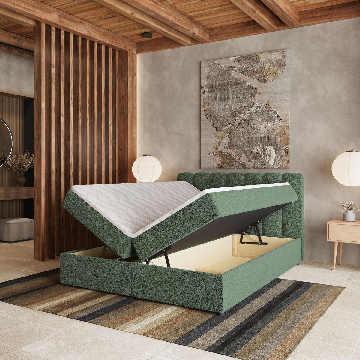 BOXBETT SOLIA 180x200 cm mit Matratze und Topper, H2+H3 - Grün - Grün, Holz (180/200cm) - MASSENO