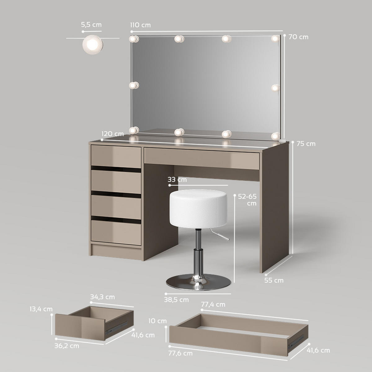 SCHMINKTISCH Imola Greige mit LED Beleuchtung und Hocker - Greige, Holzwerkstoff (120/75/55cm) - Livinity®