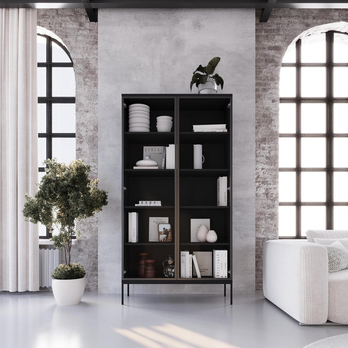 VITRINE Induro Schwarz, zweitürige Vitrine mit Metal Beine - Schwarz, Holzwerkstoff/Metall (100/190/41cm) - Bettso