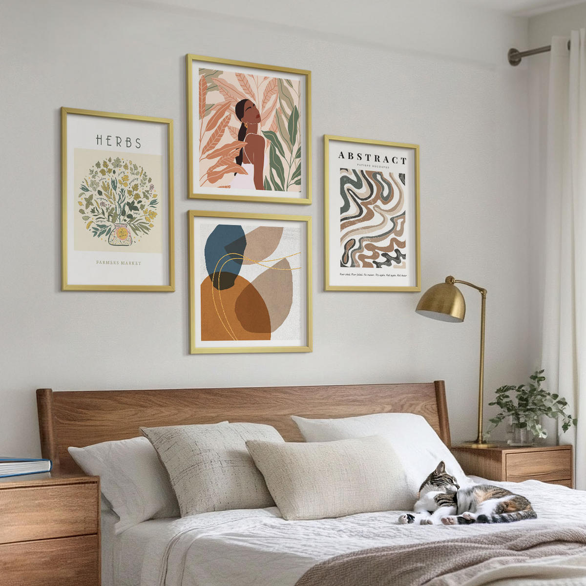 BILDER SET 4er Set - 50x50 cm & 40x60 cm Goldrahmen - Boho-Ästhetik, Pastellposter - Goldfarben, Kunststoff (50/50cm) - TULUP