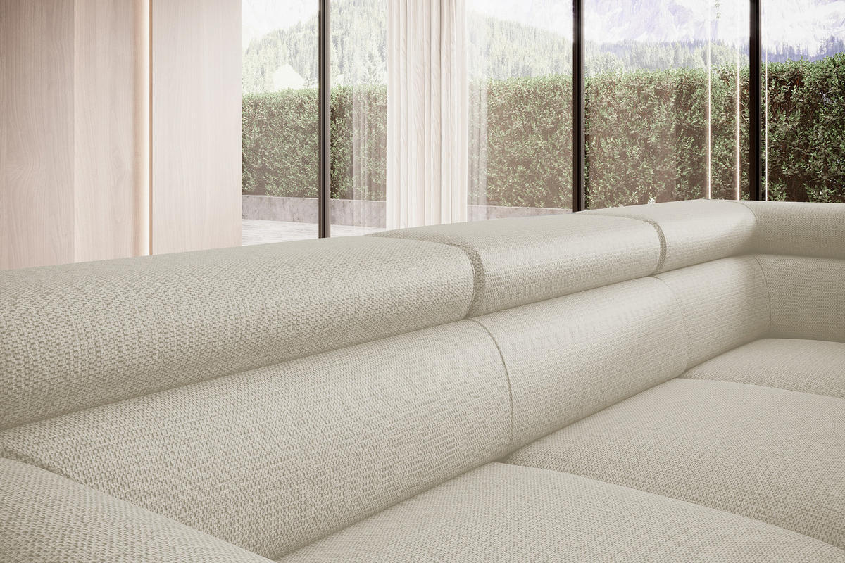 ECKSOFA Raven L mit Schlaffunktion und Bettkasten, Freistehend, Polstersofa mit Verstellbaren Kopfstützen, 257x198x96 cm – Rechte, Beige - Beige, Holz/Textil (256/198cm) - DomoHome