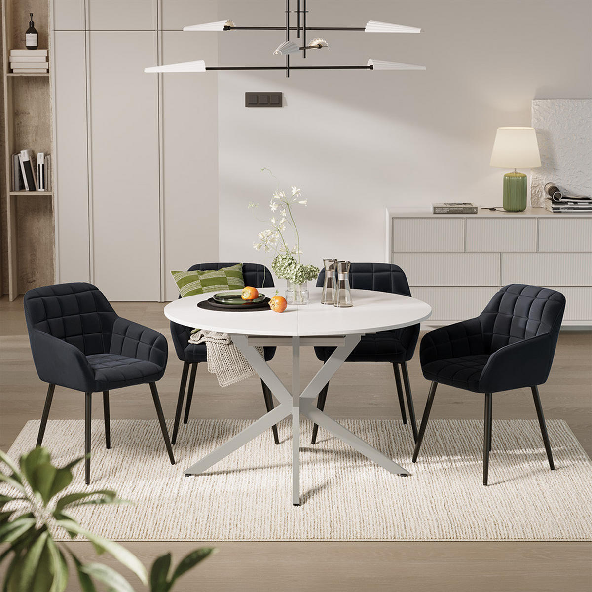 ESSTISCH-SET Loyd, Weiß/Grau, 120 x 120 cm mit 4 Esszimmerstühlen (Schwarz) - Weiß/Grau, Holzwerkstoff (120/76.5/120cm) - Vicco