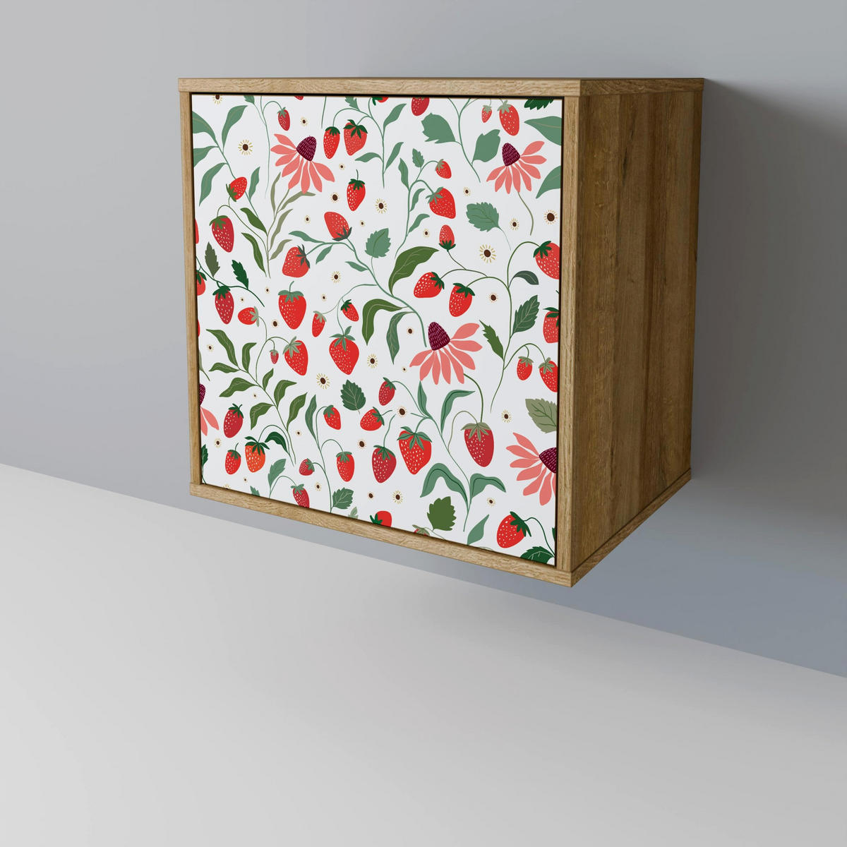 SIDEBOARD FLOWERS AND STRAWBERRIES, Eichefarben, 57,5x42x77,5 cm, Schräge Buchenholzfüße - Eichefarben/Buchefarben, Holzwerkstoff/Buchenholz (57.5/77.5/42cm) - SpaceRebels
