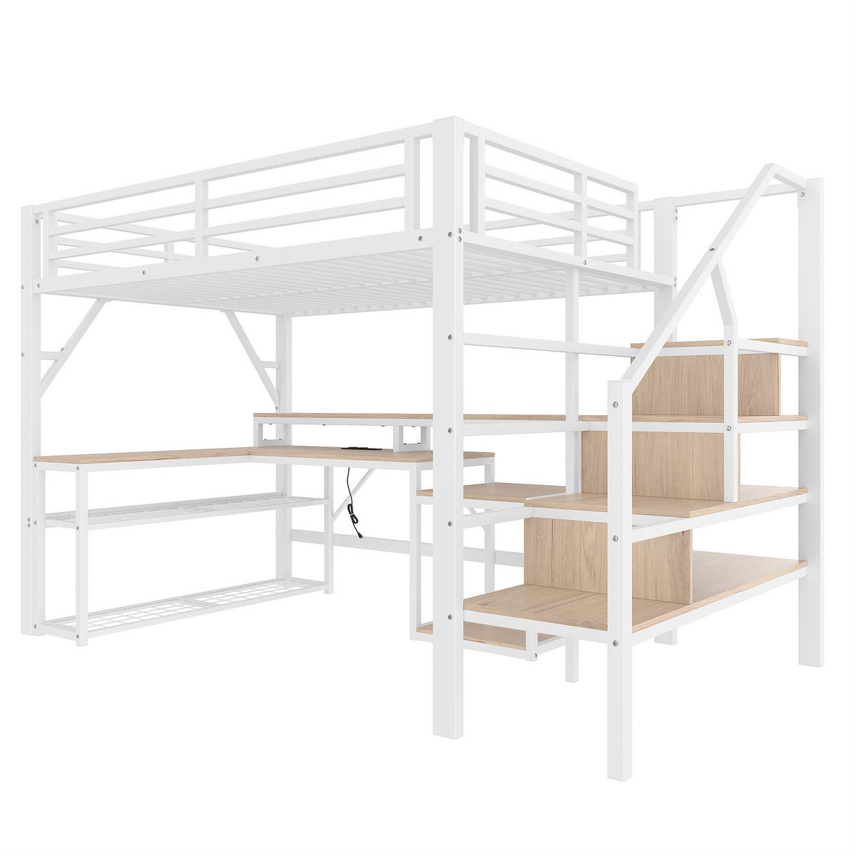 HOCHBETT 140/200 cm in Weiß mit Schreibtisch und LED-Beleuchtung - Weiß, Metall (140/200cm) - Flora Grace