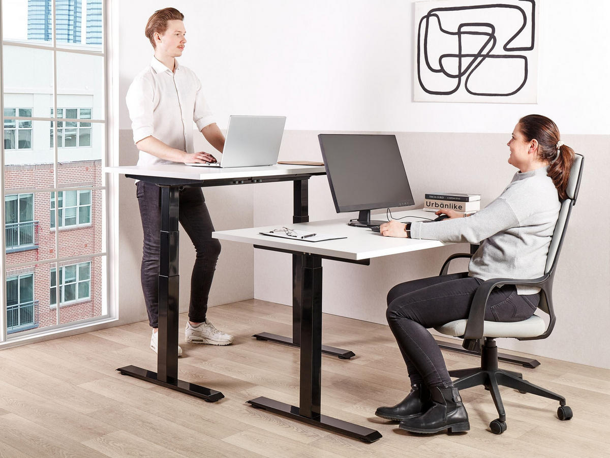 ÍRÓASZTAL fehér-fekete 180/80 cm elektromos állítható magasságú Destin III - fekete/fehér, fa (160/72/128cm) - Beliani