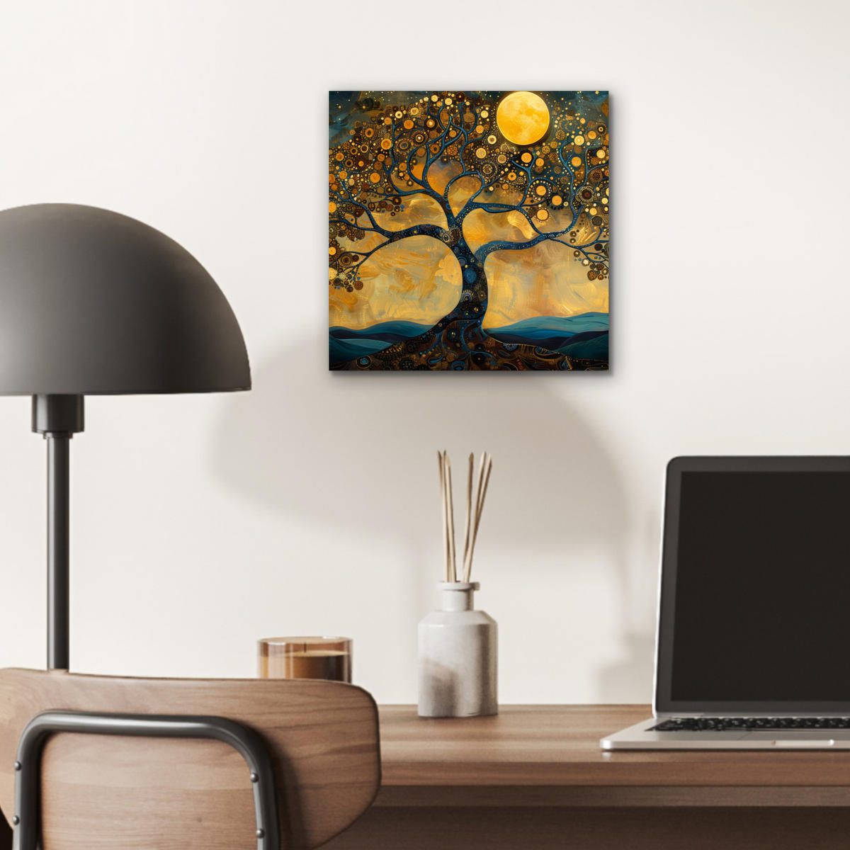 KOVOVÝ OBRAZ Strom - Mesiac - Kvety - Zlato - Umenie 20x20 cm - oranžová, kov (20/20cm) - MuchoWow