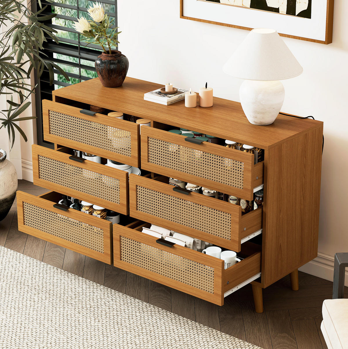 SIDEBOARD 120/40/76,5 cm in Walnuss mit 6 Schubladen und Rattan-Optik - Naturfarben, Holzwerkstoff (120/76.5/40cm) - Flora Grace