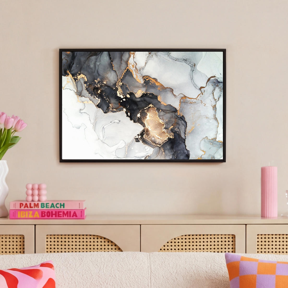 LEINWAND Bilder mit Rahmen - Marmor - Schwarz - Weiß - Gold - Luxus - Abstrakt - 60x40 - Goldfarben, Textil (60/40cm) - MuchoWow