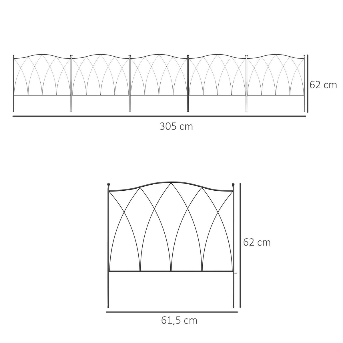 GARTENZAUN DE-18047 5-teilig, dekorativ mit Kurven Schwarz - Schwarz, Metall (1/62cm) - ComfortXL