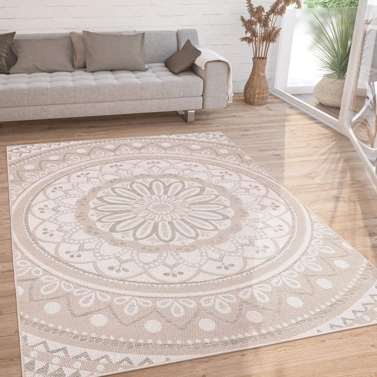 FLACHWEBTEPPICH, mit Mandala-Muster, Sand, 200 x 280 cm - Beige, Textil (200/280cm) - KADIMA DESIGN
