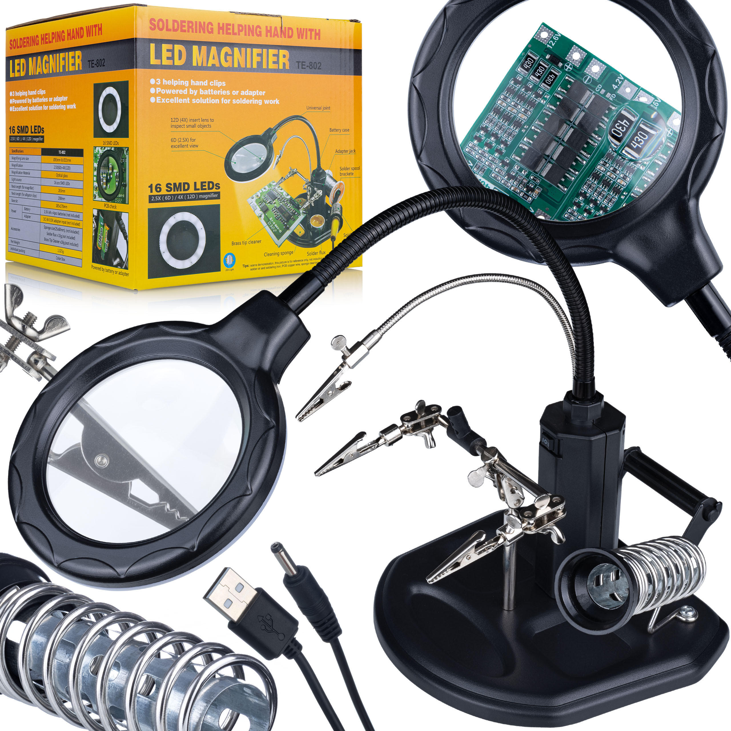 HALTER TE-802 - Dritte Hand mit Lupe, Lötkolbenhalter, Lötzinnbehälter, LED dimmbar, Ø85 mm, 2,5x/4x, USB/4x AA - Multicolor, Kunststoff/Metall (18/20/19cm)