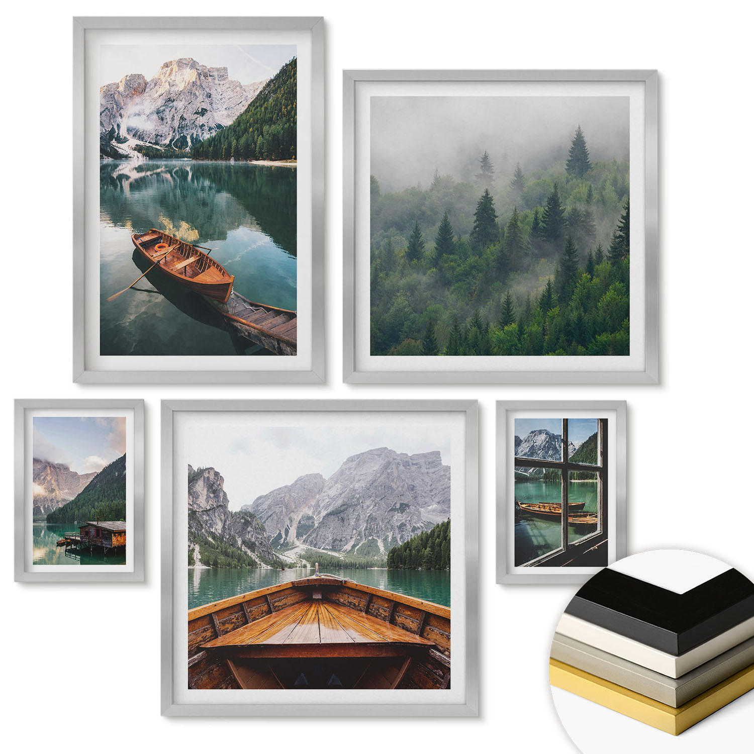 WANDBILDER 5er Set - 50x50 cm & 20x30 cm & 40x60 cm Silberner Rahmen - Straßen, Häuser, Pflanzen, Töpfe - Silberfarben, Kunststoff (40/60cm) - ArtPrintCave