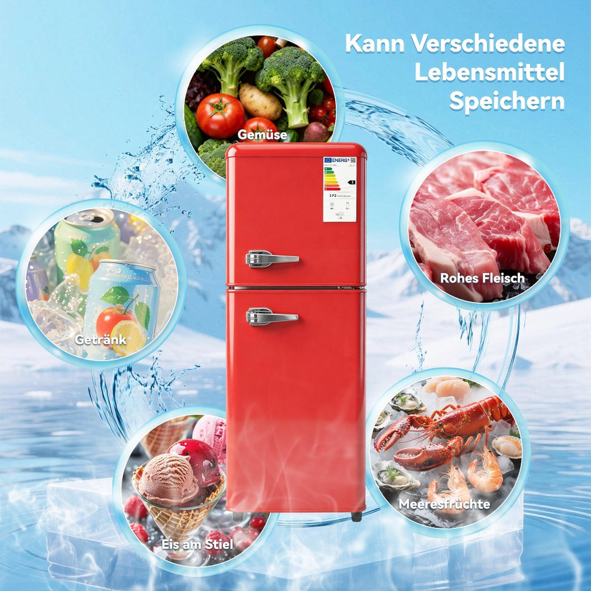 KÜHL-GEFRIER-KOMBINATION mit Gefrierfach, 112L KOMPAKTKÜHLSCHRANK, 7 Temperaturstufen, Rot, für Büro und Küche, 41/114,5/48,5 cm - Rot, Metall (47.5/121.5/47.5cm) - Rolipo