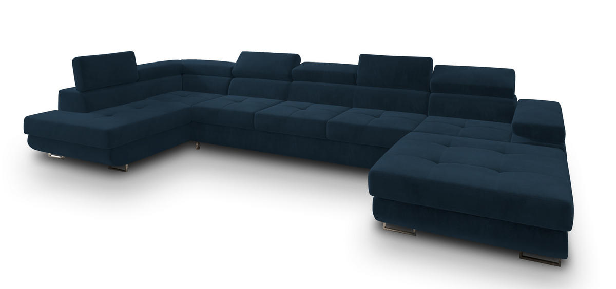 WOHNLANDSCHAFT TORIVA L-S Blau Velours-Stoff mit Schlaffunktion - Blau, Holz (418/90/202cm) - MASSENO