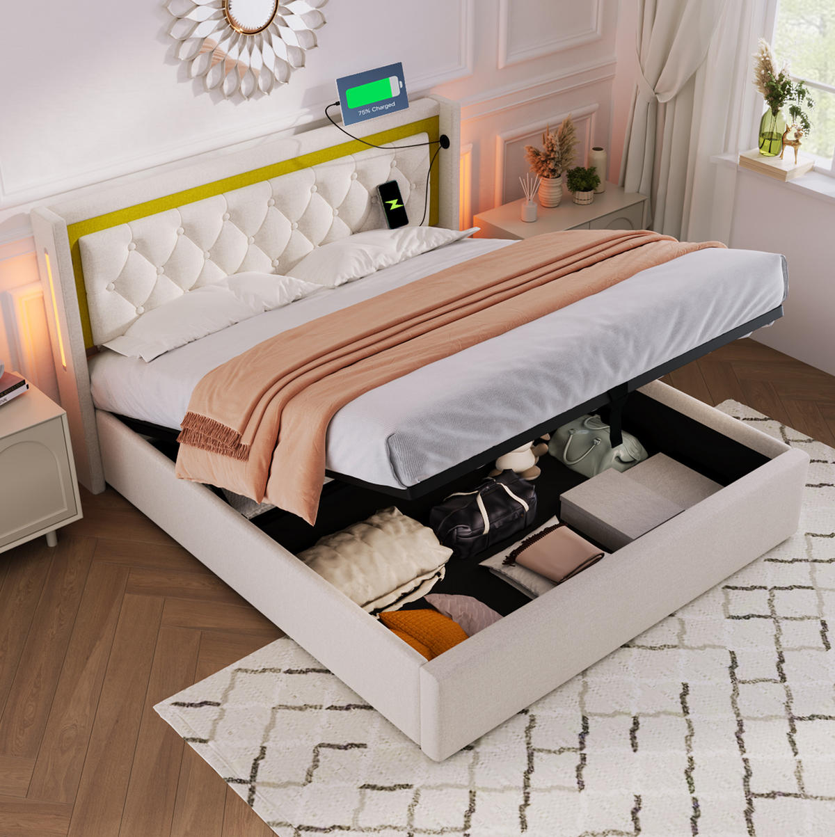 POLSTERBETT 140/200 cm Beige LED mit Stauraum und USB-Anschlüssen mit Matratze - Beige, Textil (140/200cm) - OKWISH