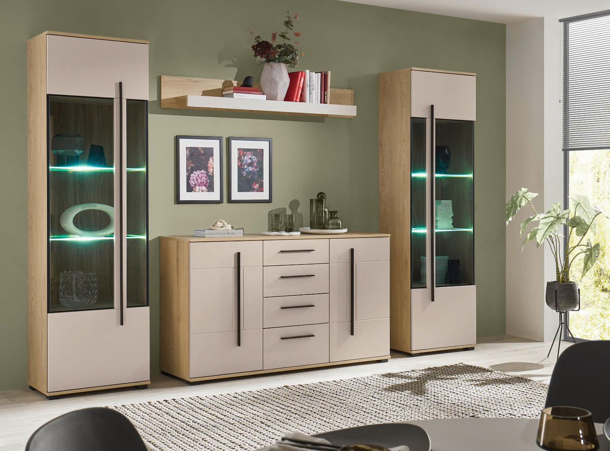 WOHNWAND Kaschmir, Eiche 4-teilig 290, Schrankwand in modernem Design - Kaschmir/Eichefarben, Glas/Holzwerkstoff (290/200/42cm) - Furn.Design