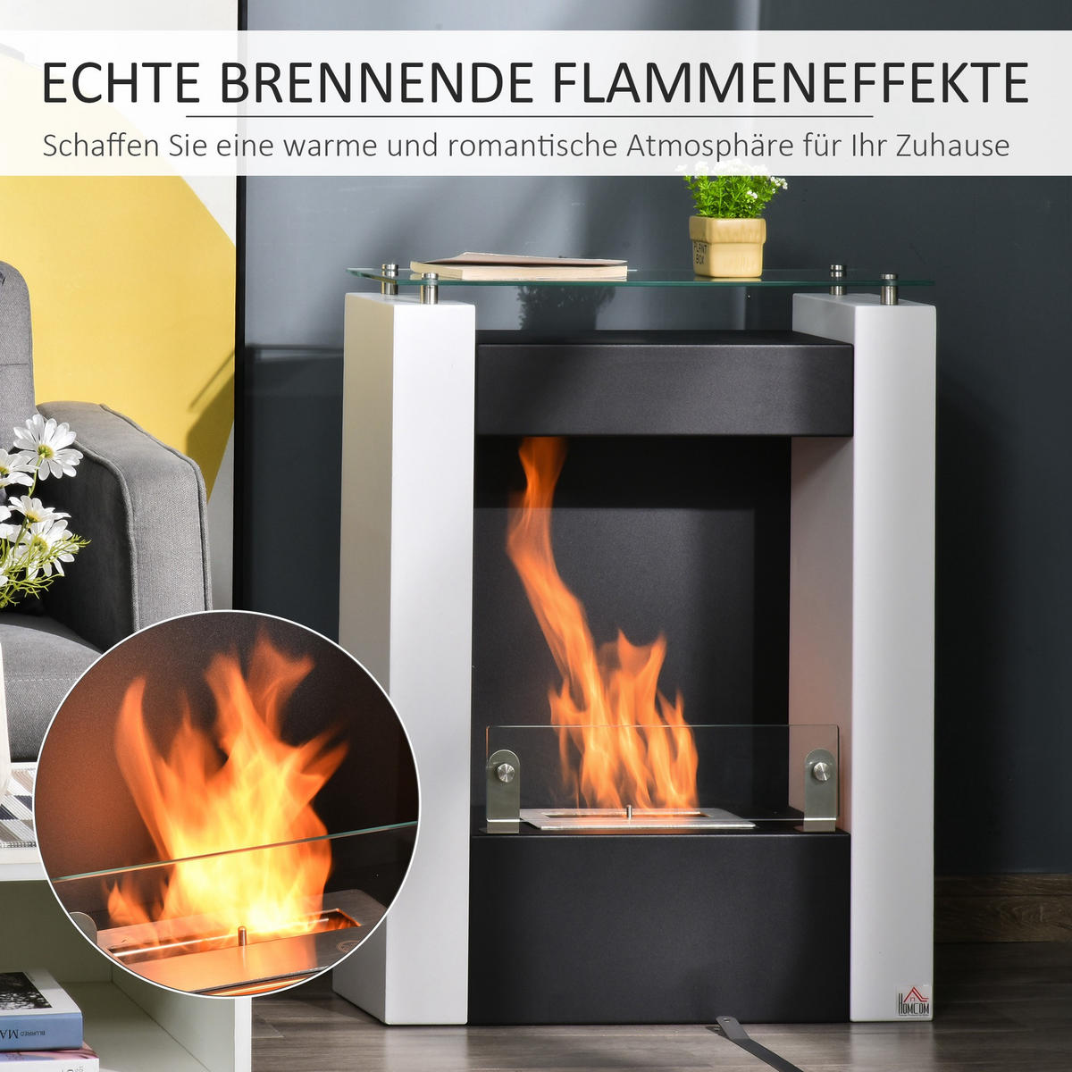 ETHANOL-KAMIN Bio-Ethanol-Brenner 1993W 3 Std. kein Rauch Weiß+Schwarz - Weiß, Metall (20/79/60cm) - HOMCOM