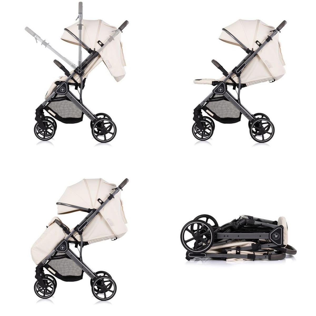 KINDERWAGEN Omnia PU-Räder beige klappbar, Stoßdämpfer, Sonnendach, Fußsack - Beige, Metall (69/63/102cm) - Chipolino