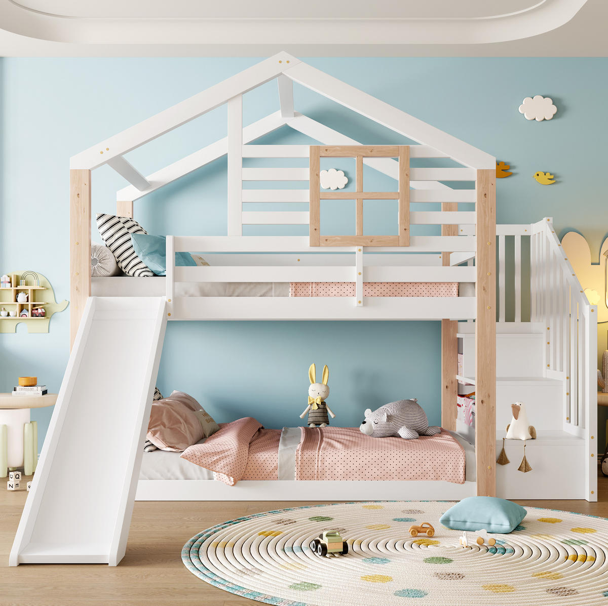 ETAGENBETT aus Holz 90x200 cm Weiß mit Rutsche, Treppe mit Stauraum und Haus-Design - Weiß, Holzwerkstoff (90/200cm) - Modfu