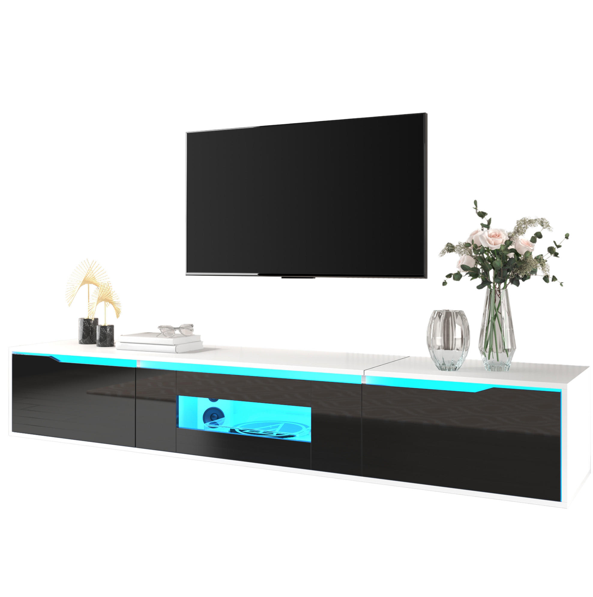 LOWBOARD 180/35/30 cm Weiß/Schwarz aus Spanplatte mit LED-Beleuchtung - Schwarz, Holzwerkstoff (35/30/180cm) - OKMYHOME